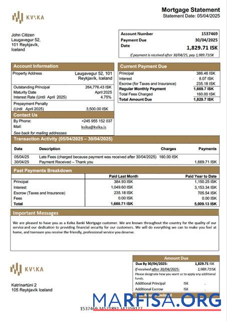 Realistic Iceland Kvika Banki mortgage statement Word and PDF template